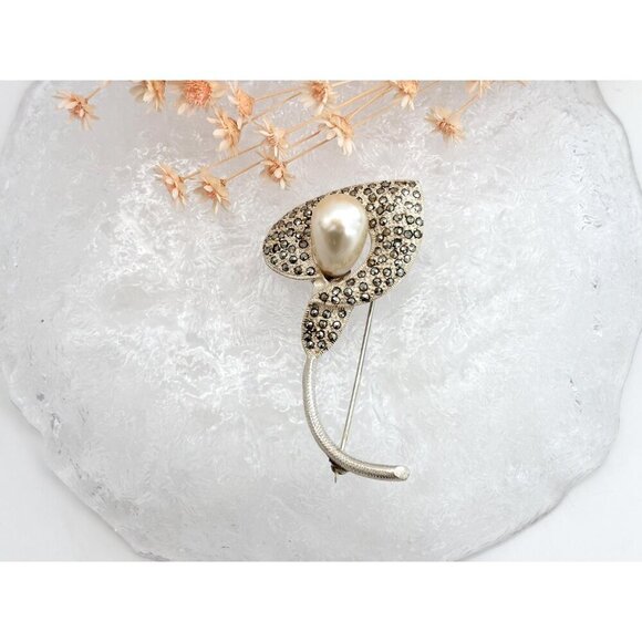 Calla Lily Art Nouveau Marcasite Sterling Vintage Faux Pearl Vintage Brooch - Picture 3 of 10
